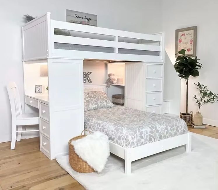 Modern Wood Multifunctional Loft Bed with Full/Full Beadboard Design for Kids Adults in Bedroom or Hotel Includes Desk Stairs