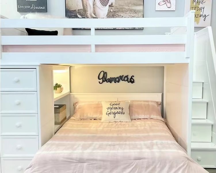 Modern Wood Multifunctional Loft Bed with Full/Full Beadboard Design for Kids Adults in Bedroom or Hotel Includes Desk Stairs