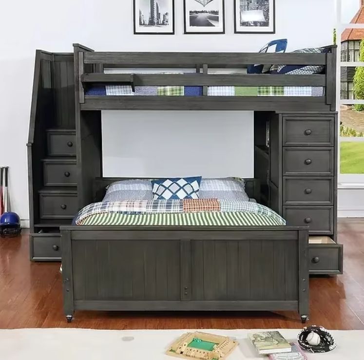 Multifunctional Full/Full Beadboard Design Twin Loft Bed Desk Stairs Kids Adults Use Wood Material