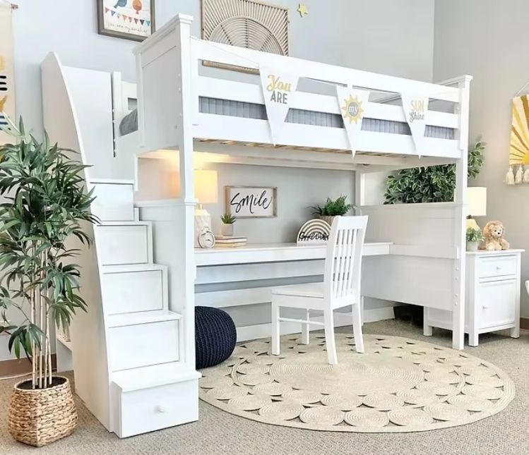 White Twin Loft Bed with Desk & Stairs Kids' Beadboard Style Bed & Study Furniture