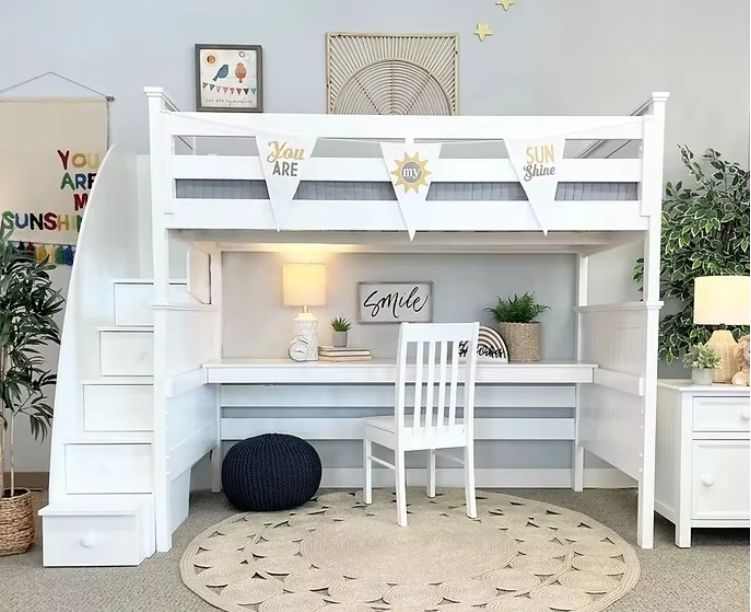 White Twin Loft Bed with Desk & Stairs Kids' Beadboard Style Bed & Study Furniture