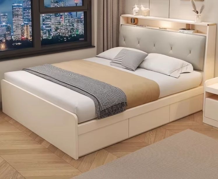 Simple Modern Cream 1.2-Meter Tatami Box Single Bed Teak High Box Home Furniture Storage Board Bed
