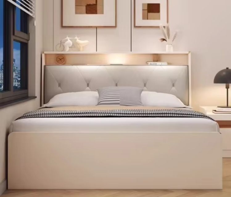 Simple Modern Cream 1.2-Meter Tatami Box Single Bed Teak High Box Home Furniture Storage Board Bed