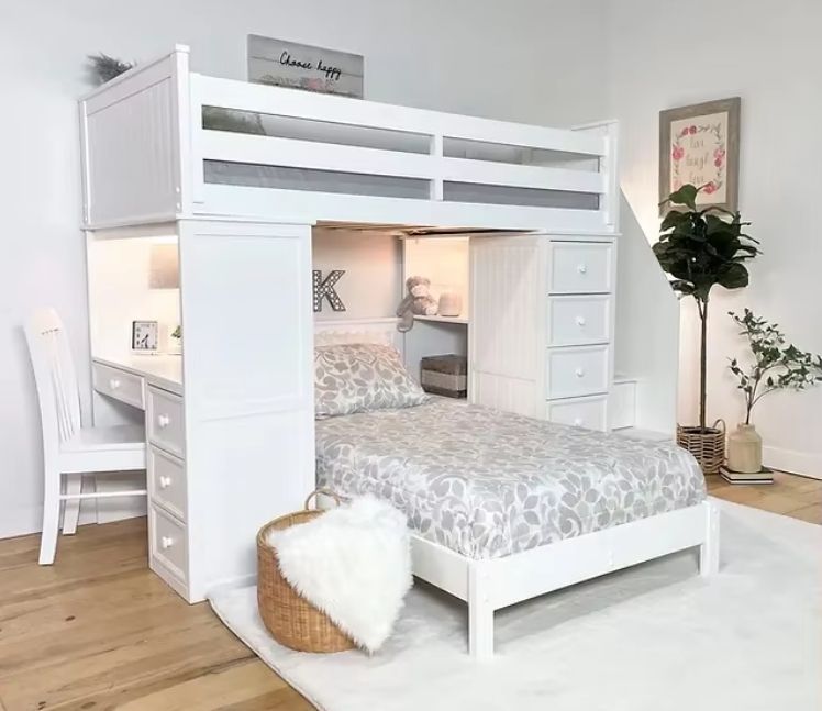 Modern Wood Multifunctional Loft Bed with Full/Full Beadboard Design for Kids Adults in Bedroom or Hotel Includes Desk Stairs