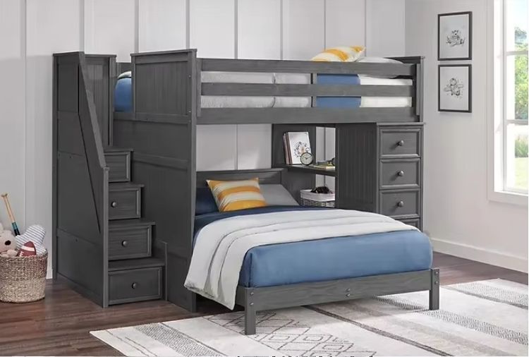 Multifunctional Full/Full Beadboard Design Twin Loft Bed Desk Stairs Kids Adults Use Wood Material