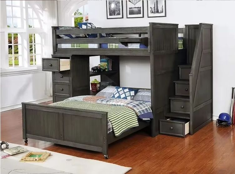 Multifunctional Full/Full Beadboard Design Twin Loft Bed Desk Stairs Kids Adults Use Wood Material