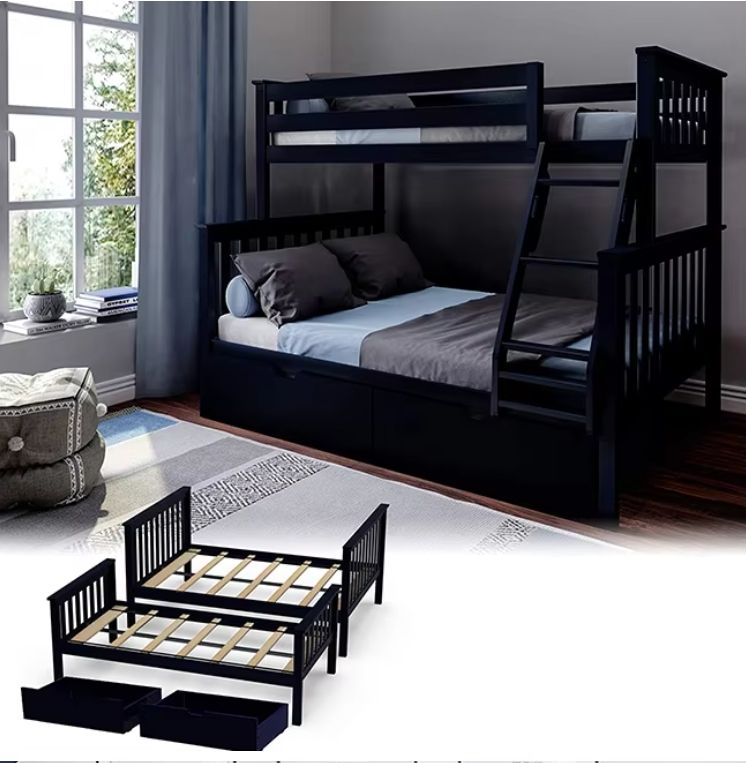 Easy to Assemble Blue Twin-Over-Full Wood Beds Frame Bunk Bed with Storage Drawers for Kids