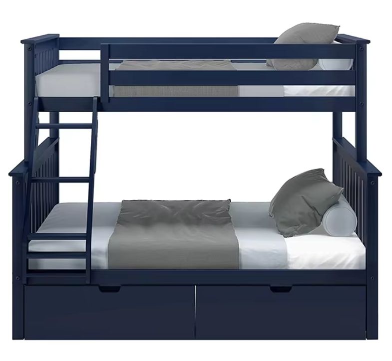 Easy to Assemble Blue Twin-Over-Full Wood Beds Frame Bunk Bed with Storage Drawers for Kids