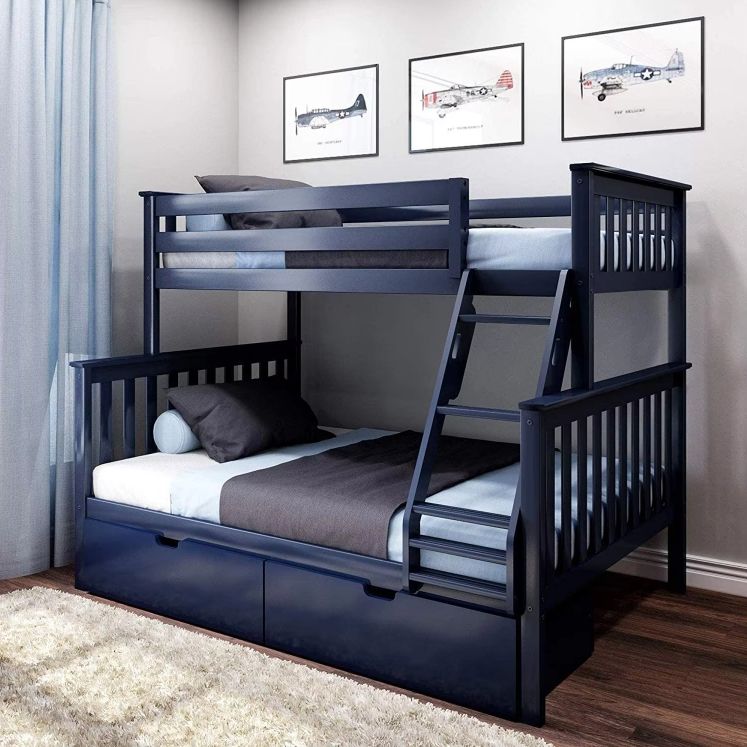 Easy to Assemble Blue Twin-Over-Full Wood Beds Frame Bunk Bed with Storage Drawers for Kids