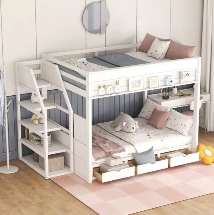 kids Bed Wood Twin Over Twin bunk Bed with Trundle and Storage