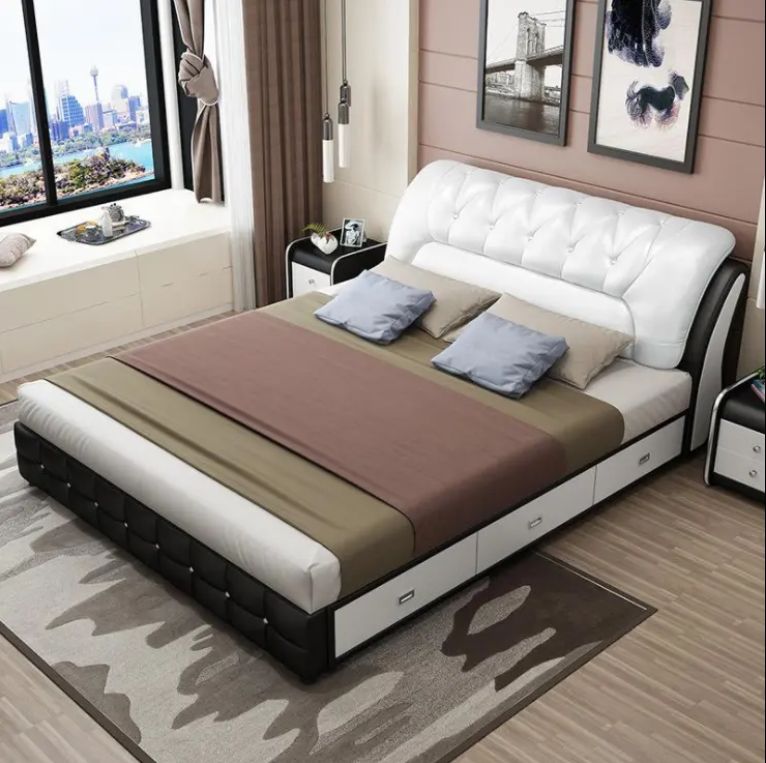 Nordic Modern Leather Fabric Double Storage Bed Light Luxury Bedroom Tatami Upholstered Soft Bed with Storage for Home Hotel