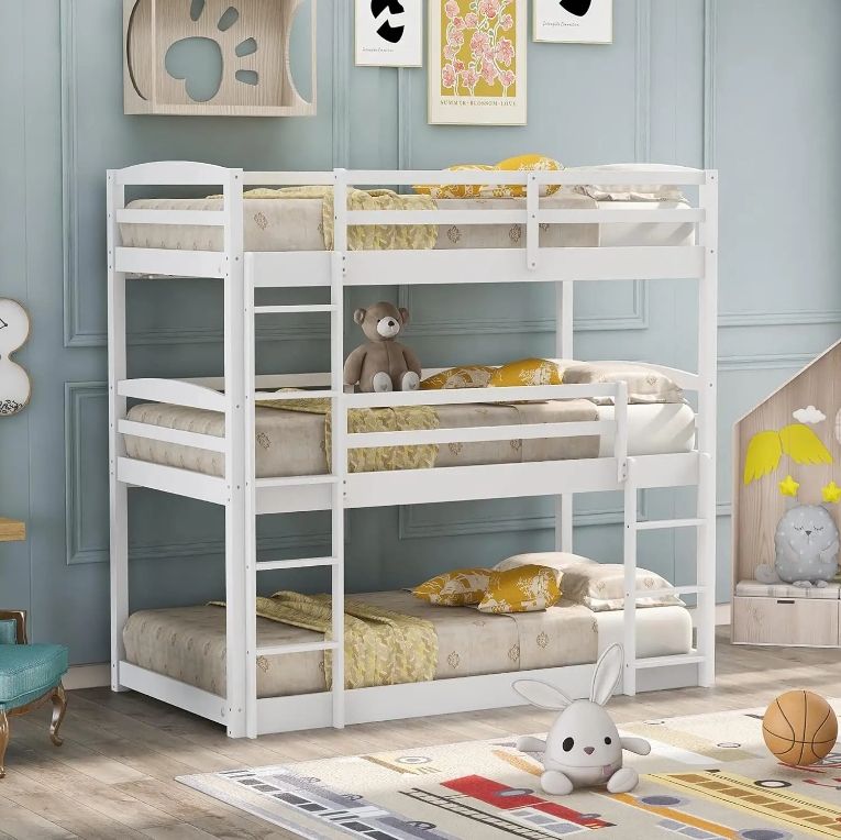 Solid Pine Wood Three-Person Treble Bunk Bed Modern Design for Children or Adults with Versatile Applications