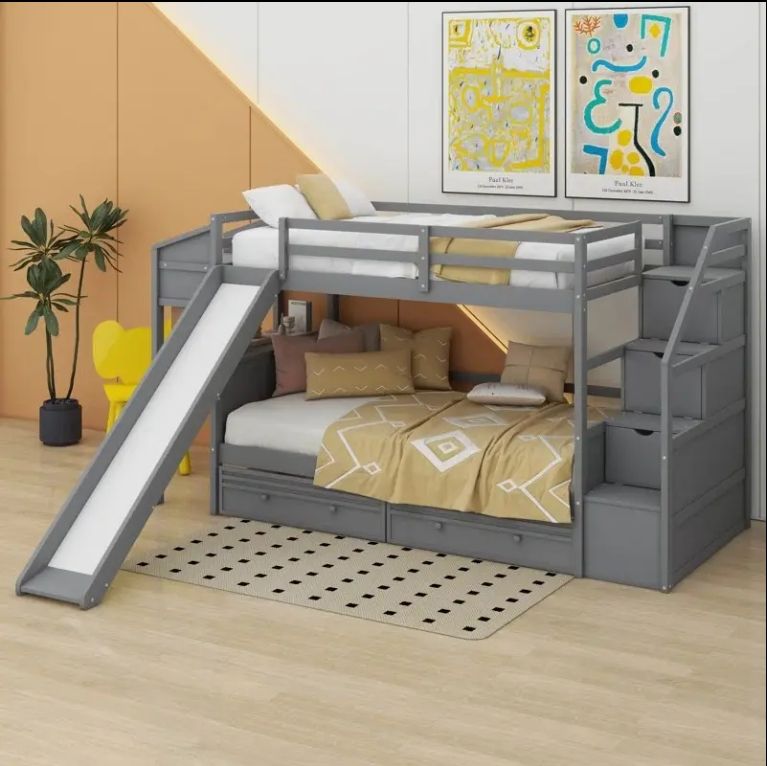 Solid Pine Wood Twin Bunk Bed with Storage Staircase Slide and Drawers for Kids' Bedroom