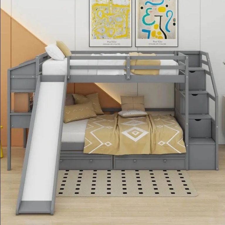 Solid Pine Wood Twin Bunk Bed with Storage Staircase Slide and Drawers for Kids' Bedroom