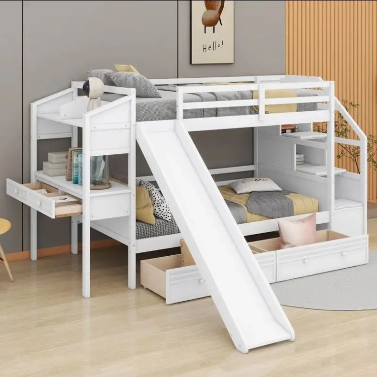 Solid Pine Wood Twin Bunk Bed with Storage Staircase Slide and Drawers for Kids' Bedroom