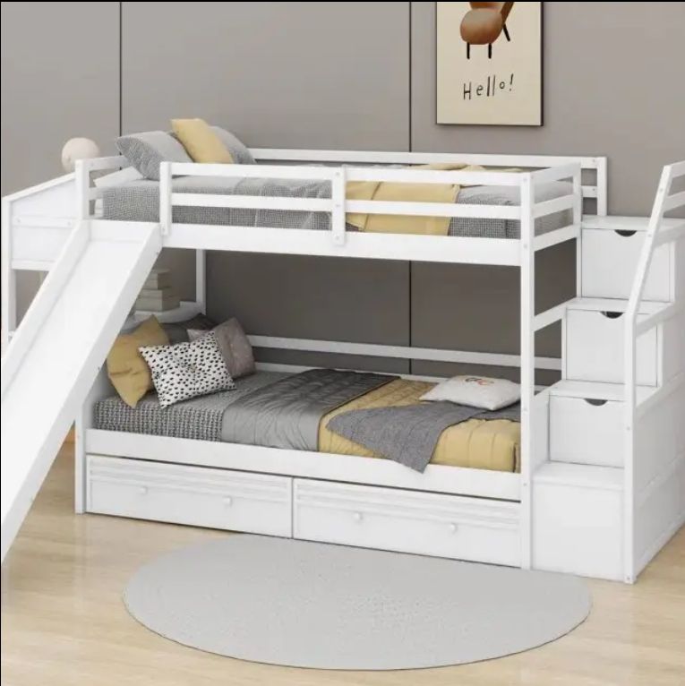 Solid Pine Wood Twin Bunk Bed with Storage Staircase Slide and Drawers for Kids' Bedroom