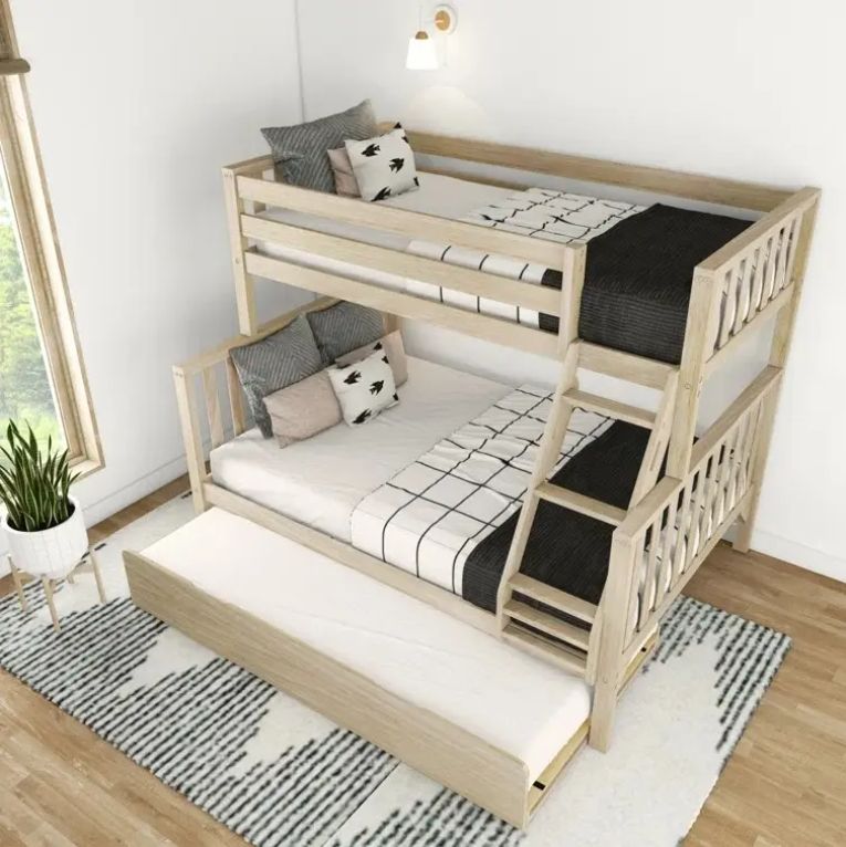 Solid Wood Twin over Full Bed with Trundle for Kids for Bedroom School Hotel Living Room or Apartment