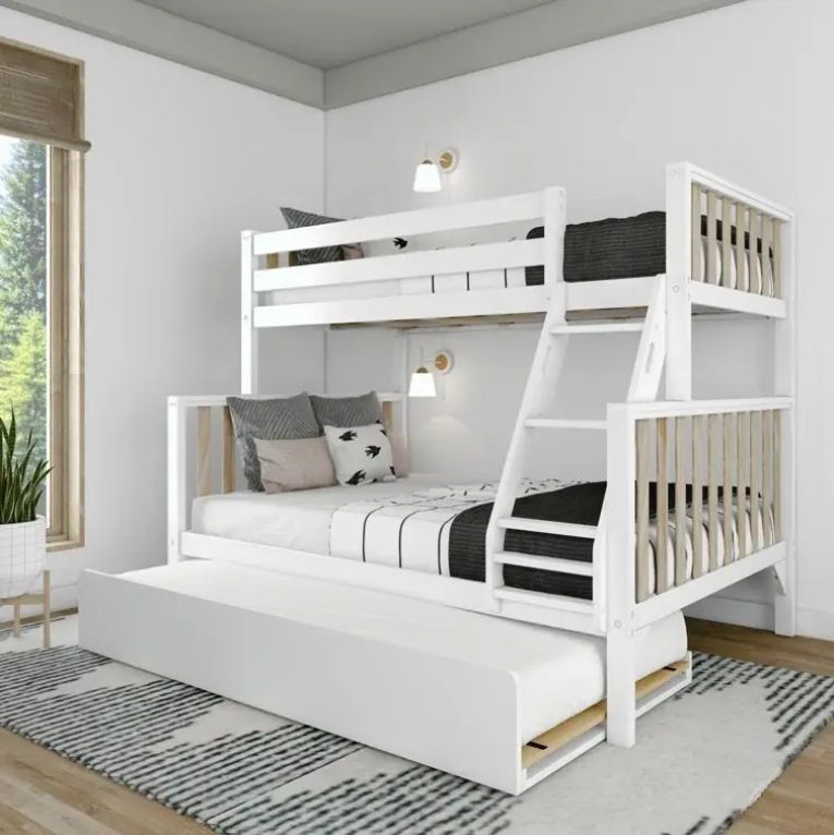 Solid Wood Twin over Full Bed with Trundle for Kids for Bedroom School Hotel Living Room or Apartment