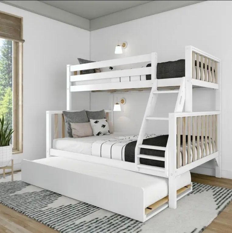 Solid Wood Twin over Full Bed with Trundle for Kids for Bedroom School Hotel Living Room or Apartment