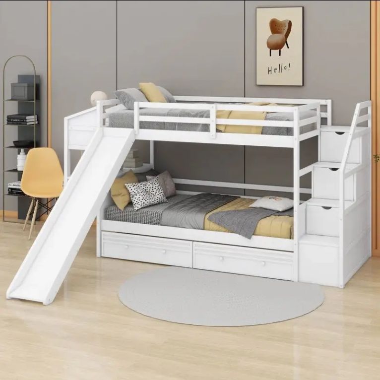 Solid Wood Twin Bunk Bed with Storage Staircase Slide Drawers for Modern Bedroom Use