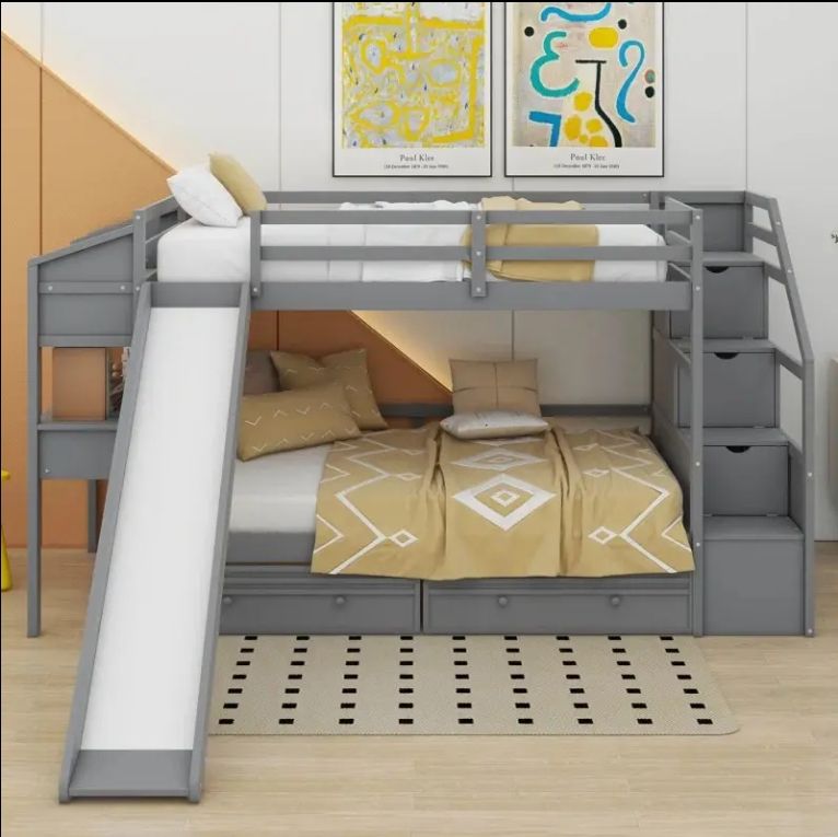 Solid Wood Twin Bunk Bed with Storage Staircase Slide Drawers for Modern Bedroom Use