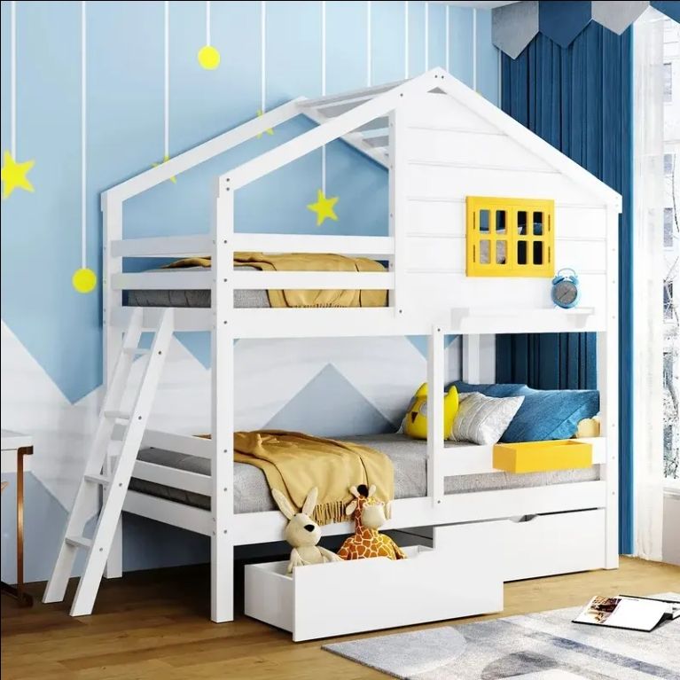 Twin Bunk Bed 2 Drawers Kids' Bedroom Furniture Made Wood MDF Perfect Toddler Sleep Space Configuration