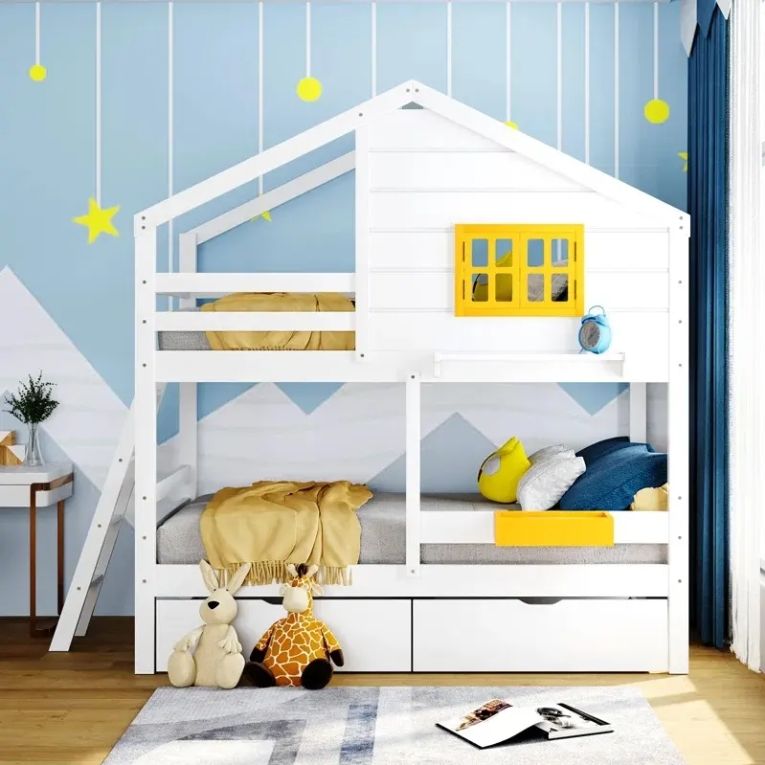 Twin Bunk Bed 2 Drawers Kids' Bedroom Furniture Made Wood MDF Perfect Toddler Sleep Space Configuration