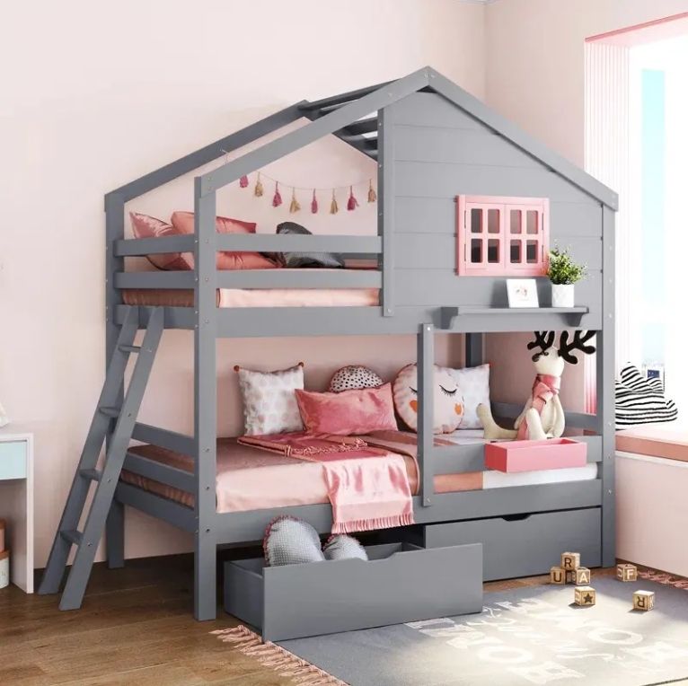 Twin Bunk Bed 2 Drawers Kids' Bedroom Furniture Made Wood MDF Perfect Toddler Sleep Space Configuration