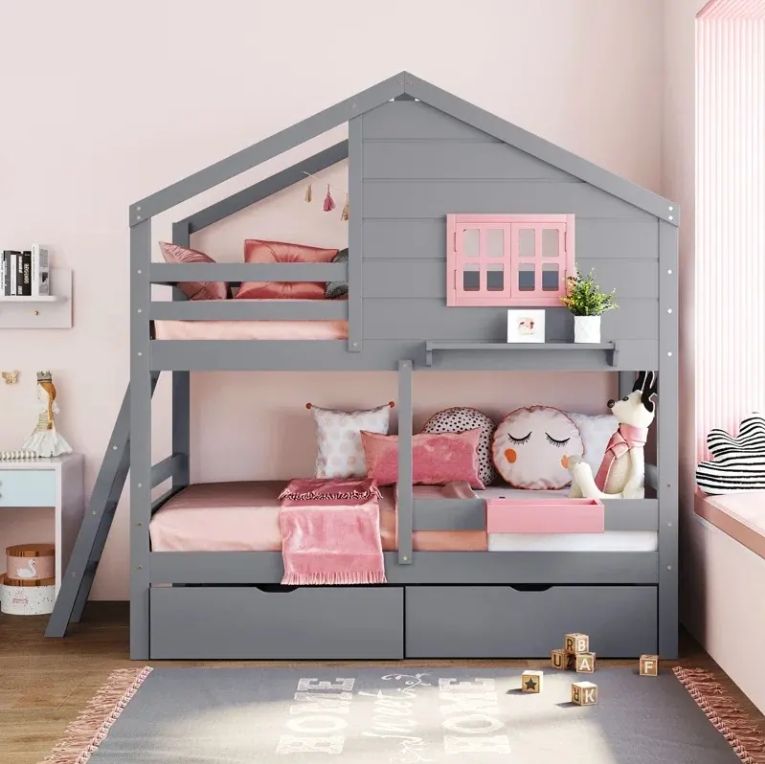 Modern Farmhouse Standard Twin over Twin Bunk Bed with 2 Drawers Solid Pine Wood for Bedrooms Schools Hotels