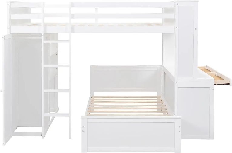 Bright Designs Solid Wood Twin Bunk Bed with Storage Shelves Desk Wardrobe-Stand-Alone Loft Bed for Kids Teens Adults