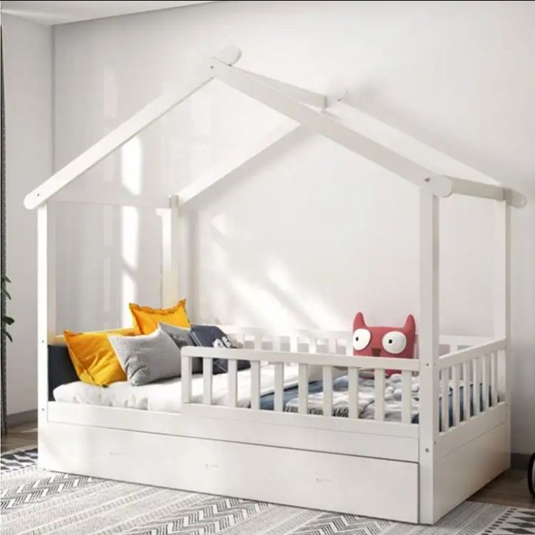 Twin size house-shaped platform wooden frame kids bunk bed pine wood house double bed for kids