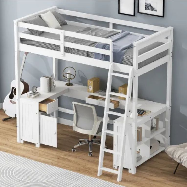 Modern Twin Size U-Shape Loft Bed with Desk Drawers Storage Shelves Solid Wood for Kids for School Hotel Use