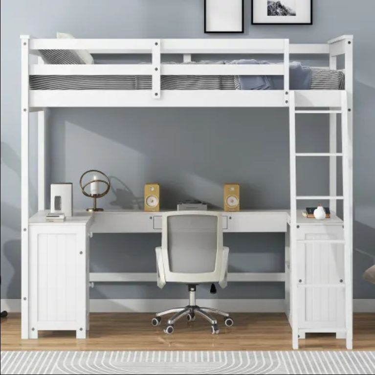 Modern Twin Size U-Shape Loft Bed with Desk Drawers Storage Shelves Solid Wood for Kids for School Hotel Use