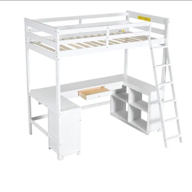 Modern Twin Size U-Shape Loft Bed with Desk Drawers Storage Shelves Solid Wood for Kids for School Hotel Use