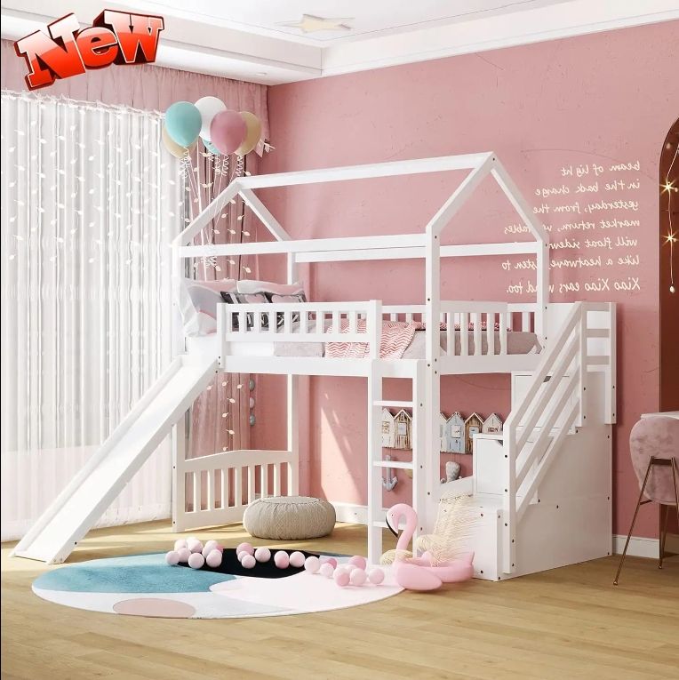 Deluxe Upgraded Loft Bed Frame for Kids King Size with Double Storage Drawers Thick Wooden Roof Guardrails Slides Staircase