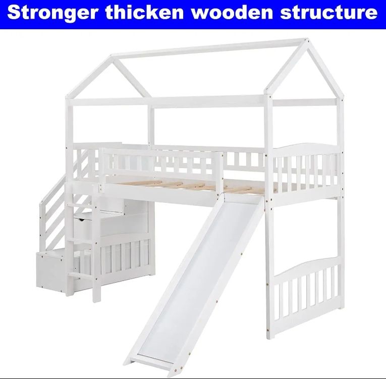Deluxe Upgraded Loft Bed Frame for Kids King Size with Double Storage Drawers Thick Wooden Roof Guardrails Slides Staircase