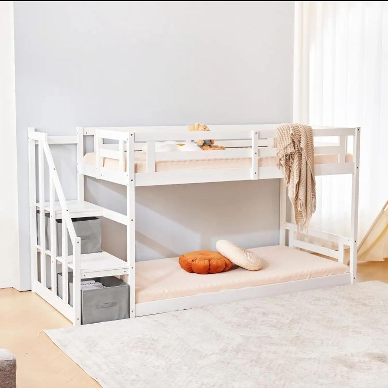 Nature Nordic Style Single Attic Bed with Low Wooden Staircase Storage for Kids' Bedroom with Attic System Bed