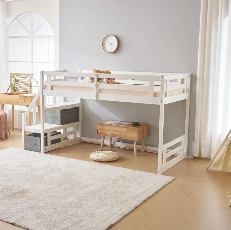 Nature Nordic Style Single Attic Bed with Low Wooden Staircase Storage for Kids' Bedroom with Attic System Bed