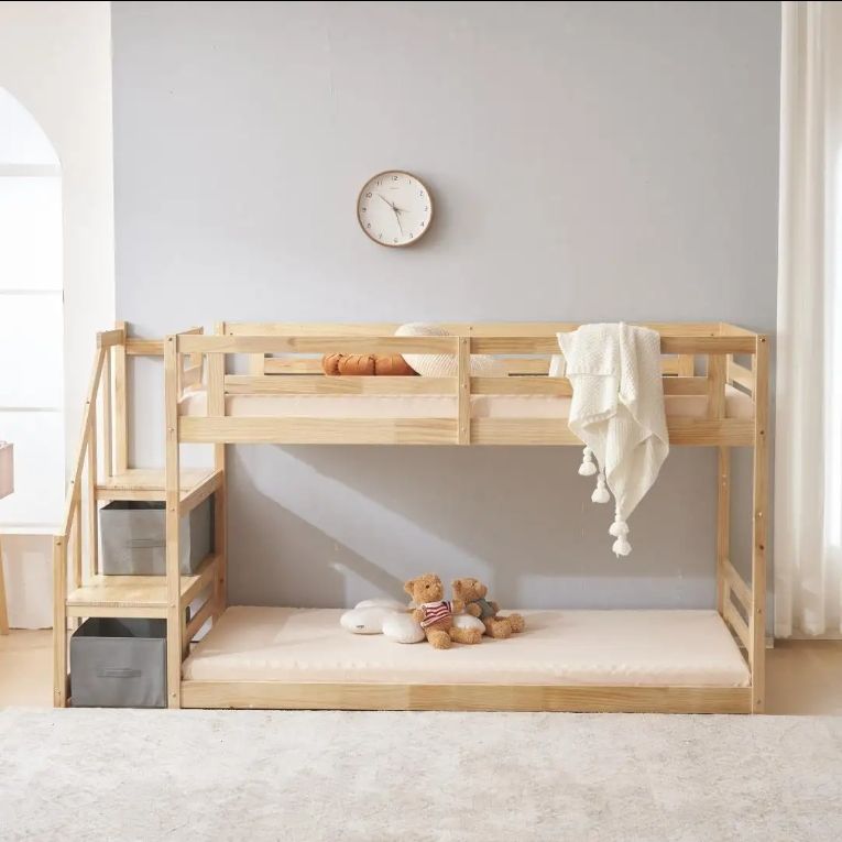 Nature Nordic Style Single Attic Bed with Low Wooden Staircase Storage for Kids' Bedroom with Attic System Bed