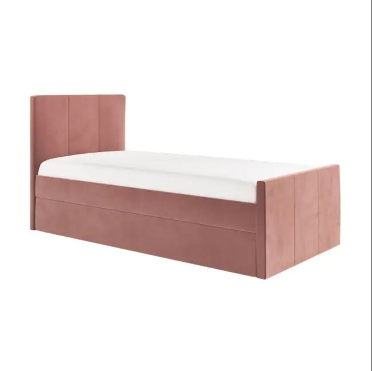 Modern Style Single Guest Bed with 2 Pink Upholstered Mattresses Reclining Wood Panel Trundle Elegant Guest Bedroom Furniture
