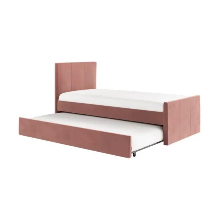 Modern Style Single Guest Bed with 2 Pink Upholstered Mattresses Reclining Wood Panel Trundle Elegant Guest Bedroom Furniture