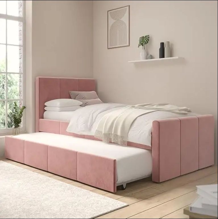 Modern Style Single Guest Bed with 2 Pink Upholstered Mattresses Reclining Wood Panel Trundle Elegant Guest Bedroom Furniture