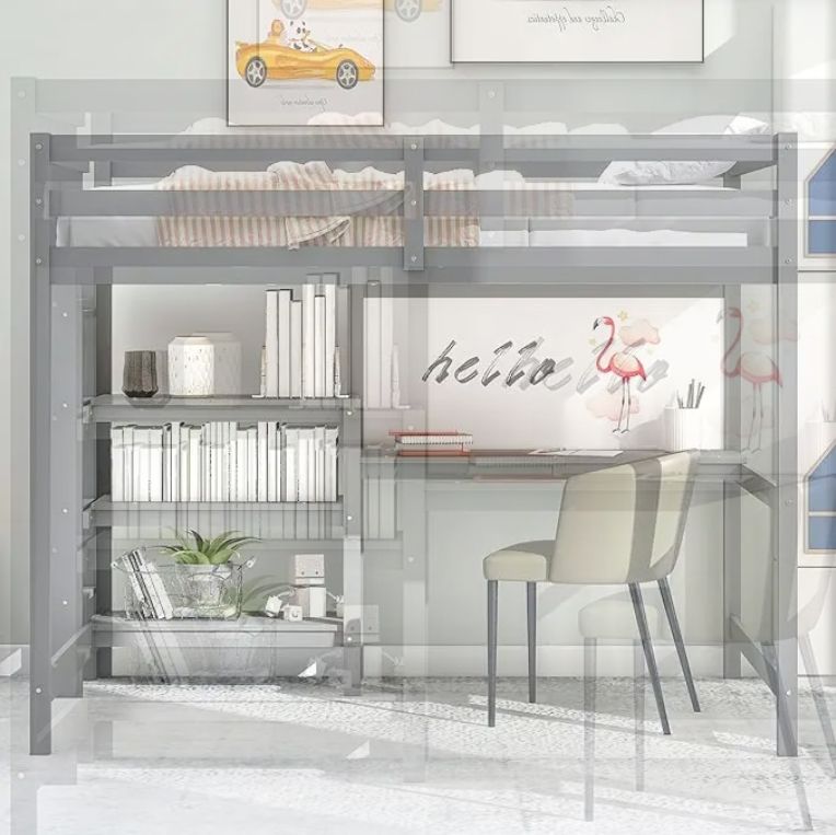 2025 Modern Full Size Loft Bed with Desk & Bookcase Wood Loft Beds Shelves & Writing Board for Kids Teens & Adults