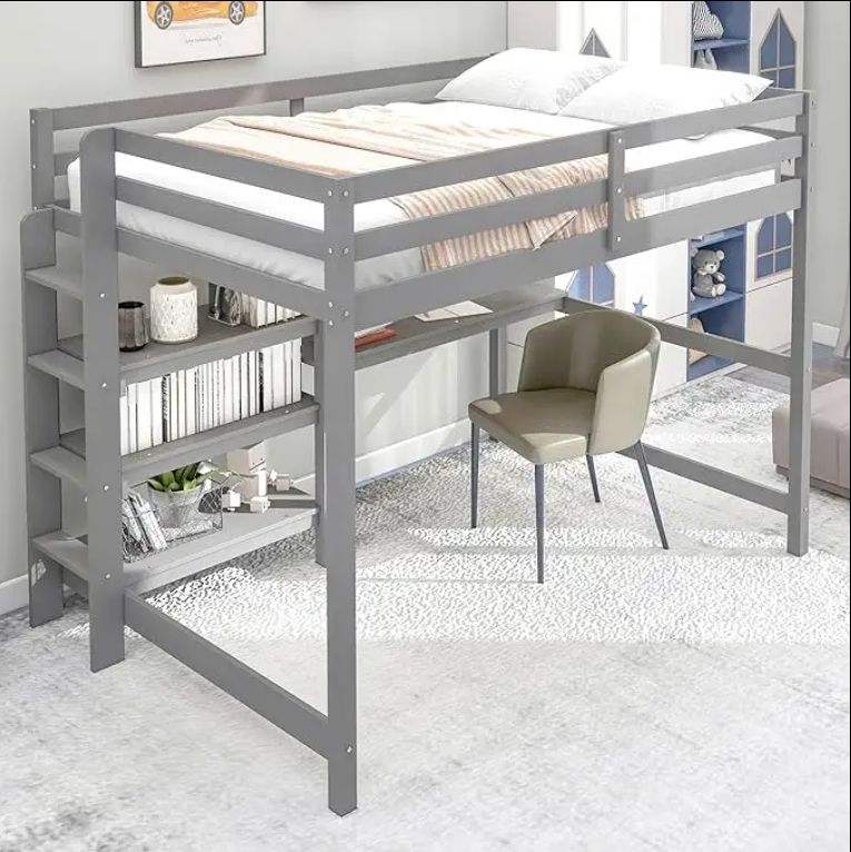 2025 Modern Full Size Loft Bed with Desk & Bookcase Wood Loft Beds Shelves & Writing Board for Kids Teens & Adults
