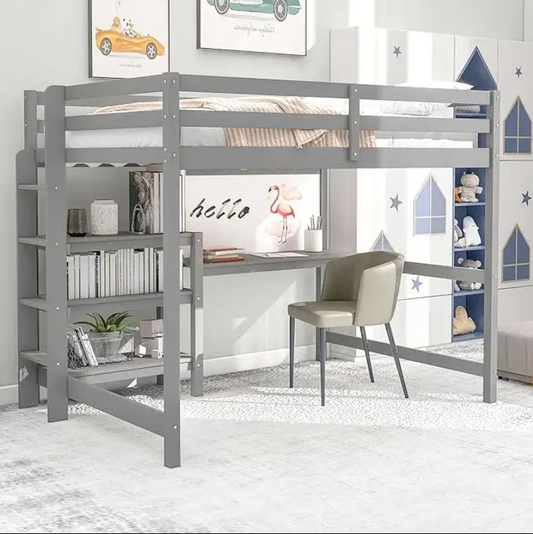 Modern Full Size Loft Bed with Desk & Bookcase Wood Loft Beds Shelves & Writing Board for Kids Teens & Adults