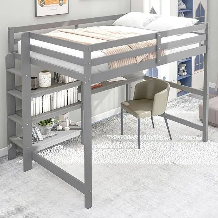Modern Full Size Loft Bed with Desk & Bookcase Wood Loft Beds Shelves & Writing Board for Kids Teens & Adults