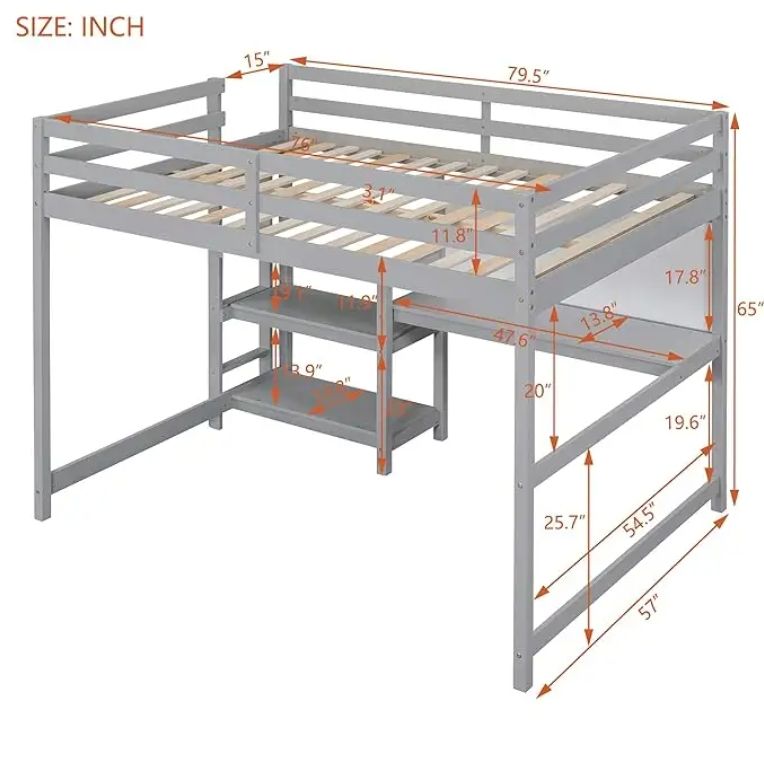 Modern Full Size Loft Bed with Desk & Bookcase Wood Loft Beds Shelves & Writing Board for Kids Teens & Adults