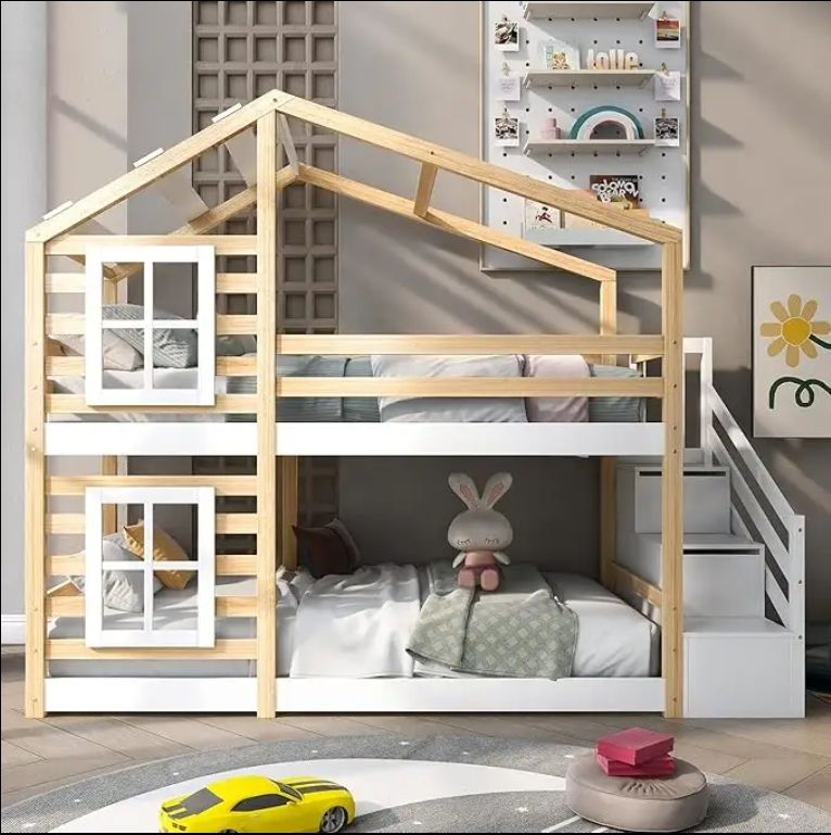 Children's Storage House Bed Window Loft Bed with Fall Protection Slatted Base Floor Bed