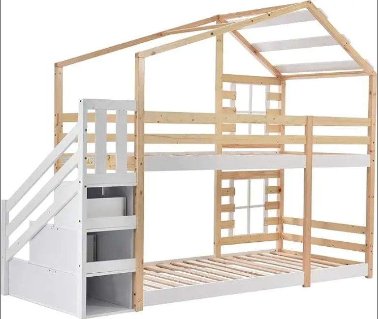 Children's Storage House Bed Window Loft Bed with Fall Protection Slatted Base Floor Bed