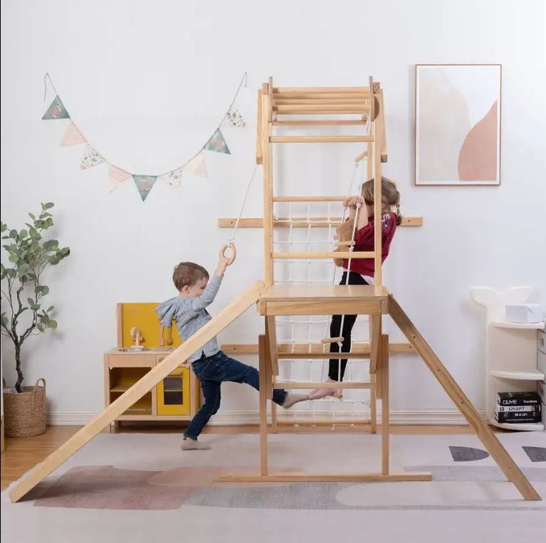 Solid Wood Indoor Climbing Frame Sensory Integration Slide and Swing Jungle Gym with Sensory Features